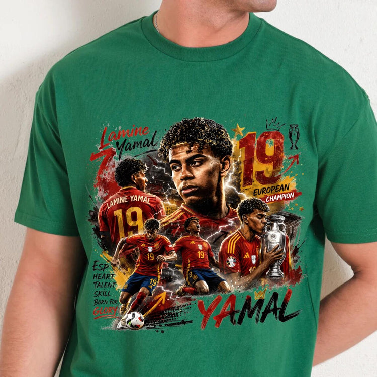 Green t-shirt with a Lamine Yamal No. 19 Spain football graphic