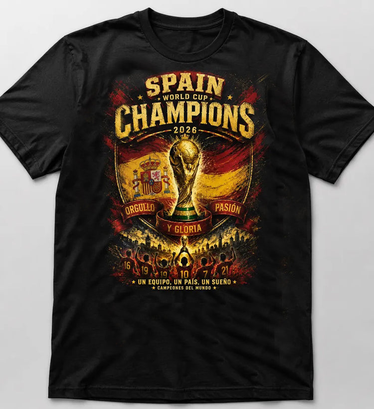 Black t-shirt with a Spain World Cup Champions 2026 graphic, trophy and Spanish flag
